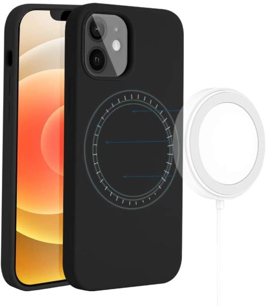 Full Protective Liquid Silicone Wireless Charger Case Built in Magnetic Ring (Supports MagSafe Wireless Charging) Black