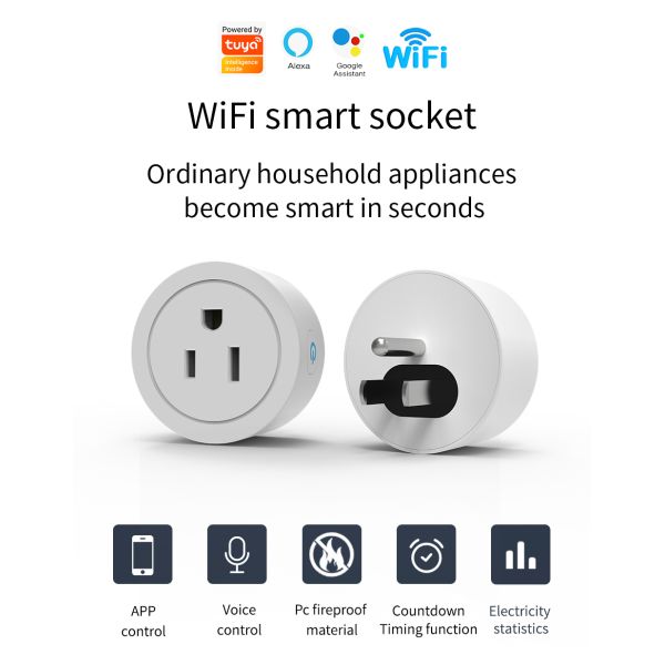 Compact Round WiFi Smart Wiring Devices Energy Monitoring Outlet Plug 10A For Home Automation