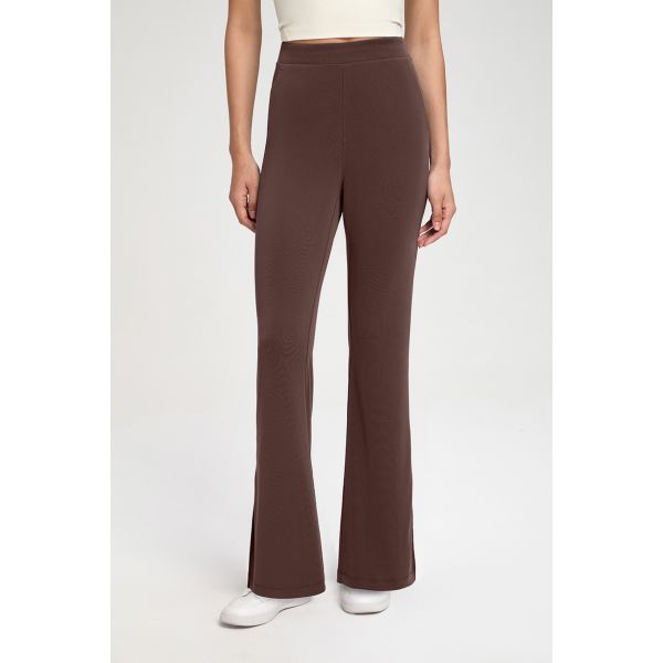 Women's Taupe High Waisted Flare Yoga Pants Soft Stretch Side Slit with Pockets