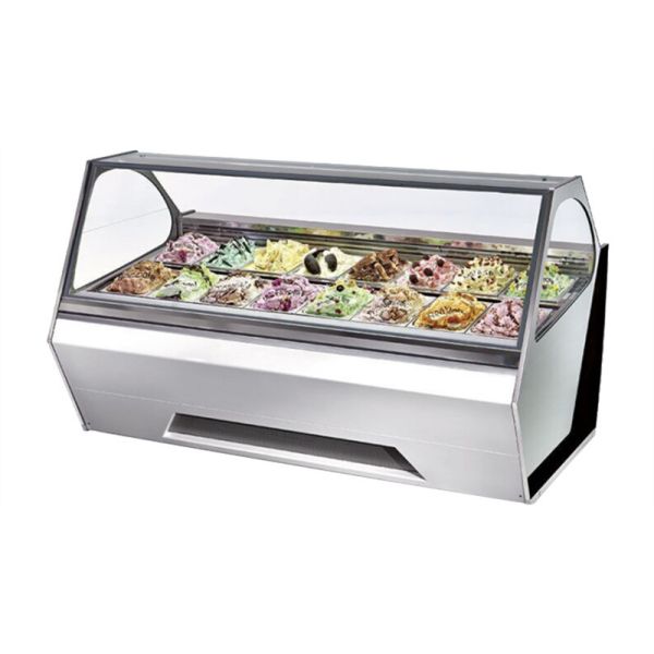 12 Pans Italian Gelato Showcase , Curved Glass Freezer For Ice Cream Display
