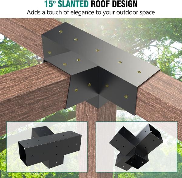 Pergola Brackets Kit 4-Way Brackets with Post Base for 4x4'' Wooden Beams Lumber Gazebos Patio Pergola Sheds