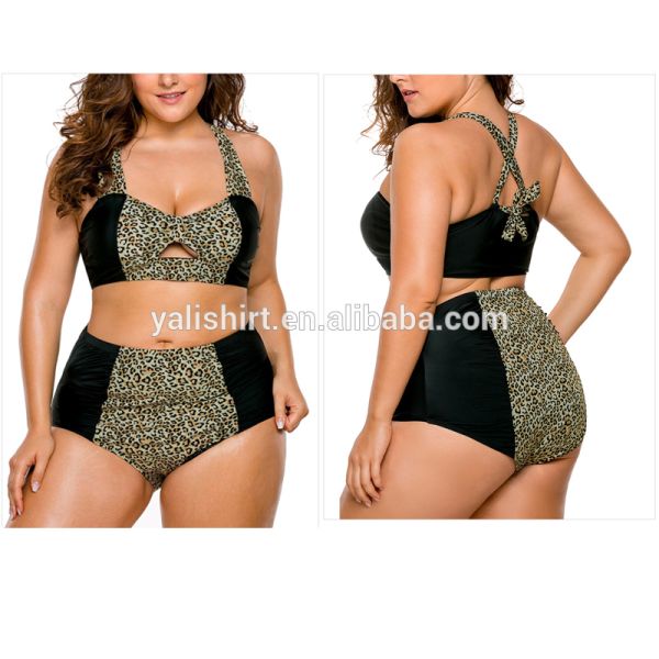 Custom women sexy leopard high waist halter bikini vintage plus size swim