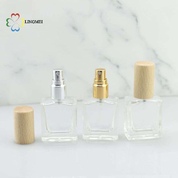 Wholesale Flat Square Glass Perfume Atomizer Bottles | 10ml, 15ml, 30ml Empty Refillable Spray Bottles with Metallic Aluminum& Wooden Caps