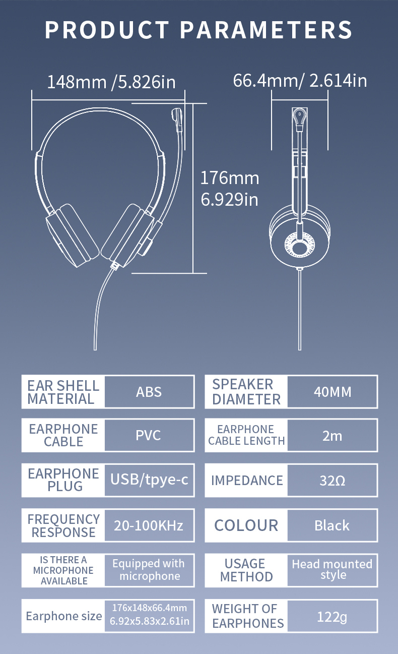 JTY- K3 Head mounted wired headphones with microphone and wired control USB/Type-C/3.5mm multi interface online course learning, customer service, computer headset support OEM/ODM customized products