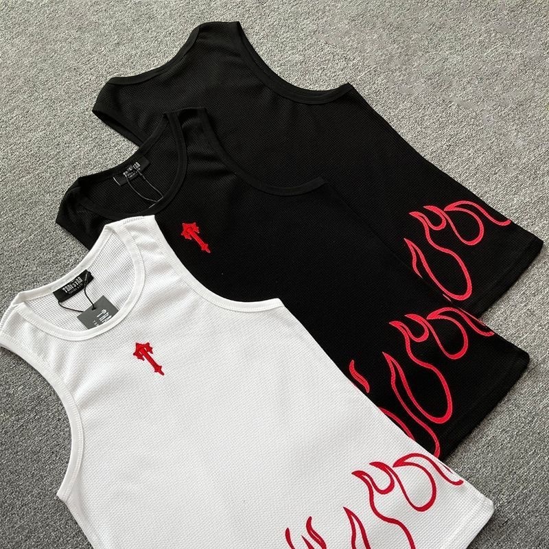 Men's Lightweight Mesh Fabric Tank Top with Flame Print and Breathable Design for Summer Wear