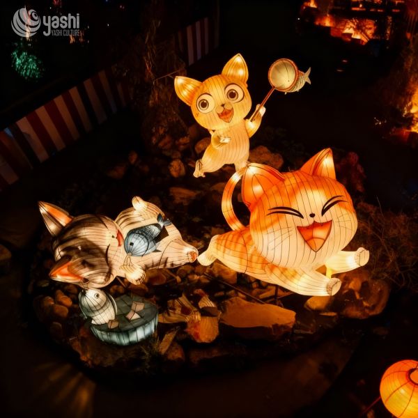 Custom Cartoon Cat Group Lantern Set, Cute Fishing Cats LED Light Sculpture for Theme Festival Display