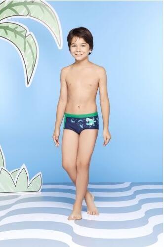 Boys` Navy Blue And Green Octopus Print Swim Trunks - Polvo