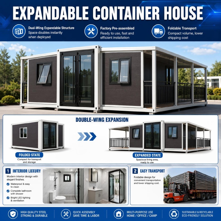 Modern Expandable Container Room With Large Glass Windows and Quick Assembly Design for Site Office and Temporary Living Unit