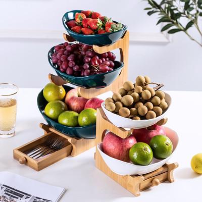 White Green 2 3 Tier Ceramic Fruit Bowl With Bamboo Wood Stand For Kitchen Counter