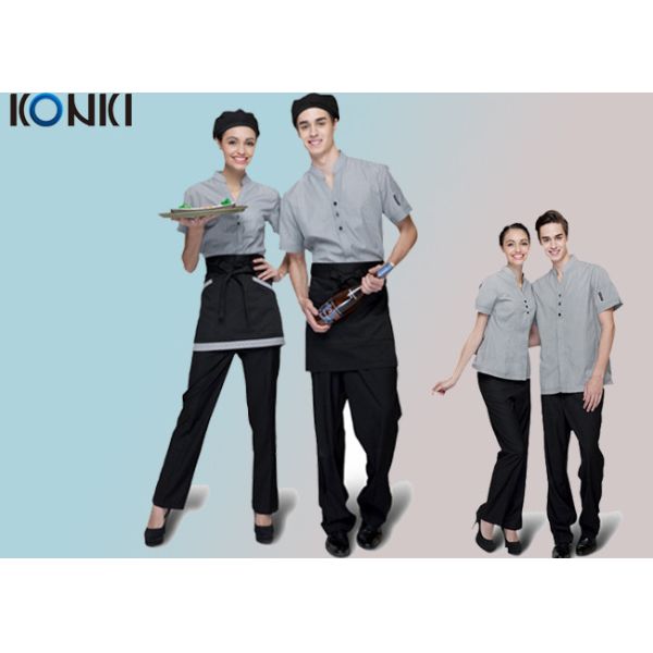 Trendy Restaurant Uniforms For Restaurant Staff / V Neck Shirt And Pants