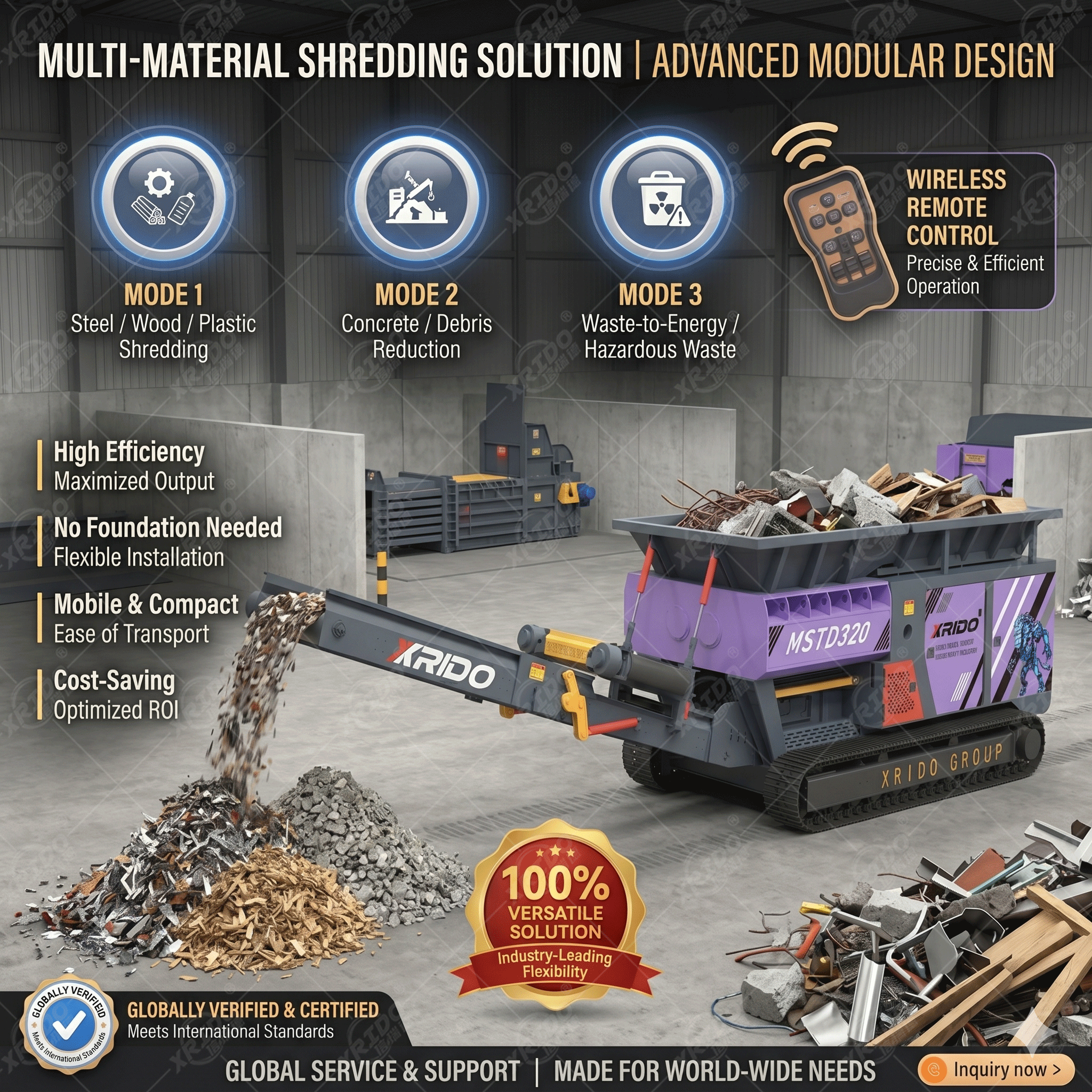 55 Kw Power Double Shaft Design Tracked Mobile Shredder with High Efficiency Low Energy Consumption for Waste Processing