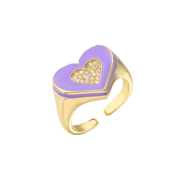 Micro Pave 18K Diamond Ring Gold Plated Heart Drop Oil Chunky Gold Heart Ring