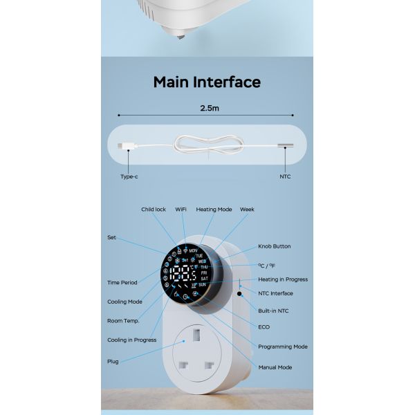 SIXWGH Smart Wi-Fi for Plug-in Thermostat 16A LED Screen APP/Voice Remote Control Heating Cooling NTC Sensor Home Aquarium