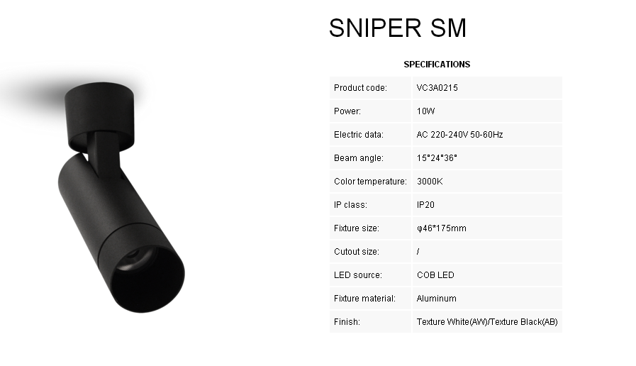 Mini Sniper Black 10W Led Ceiling Mounted Light 2700K - 3000K CRI 90 For Hotel