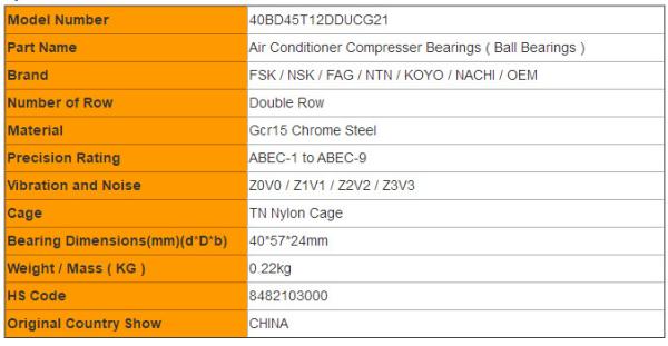 Air Conditioner Bearings 40BD45T12DDUCG21 / 40BG05S2 / DF0882LB Auto Parts for ALTO