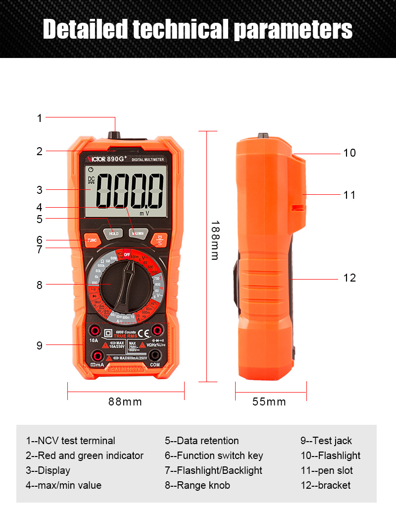 6000 счетов VICTOR 890G+ Ручной цифровой мультиметр EN61010-1 универсальный мультиметр