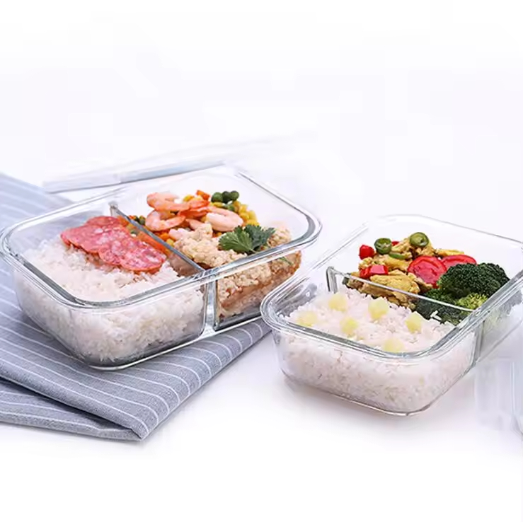 High Quality 2 Compartment Glass Lunch Box with Lids Microwavable Food Storage Containers for Kitchen Use