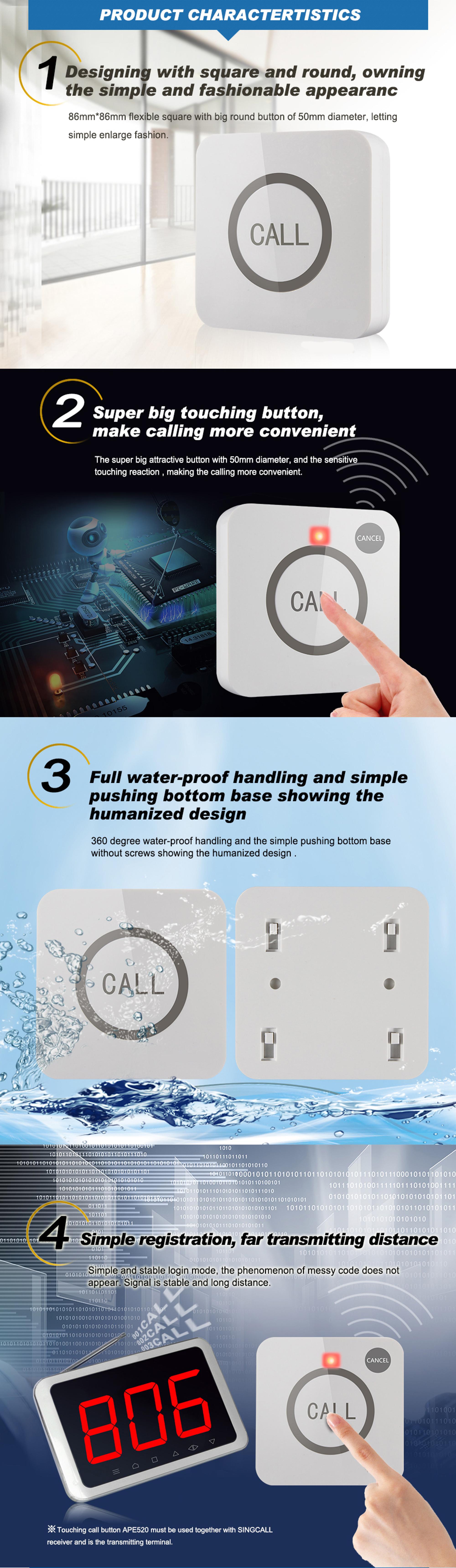 Беспроводный 433.92mhz пациентский сенсорный звонок колокол с 1 м выдвижной кабеля