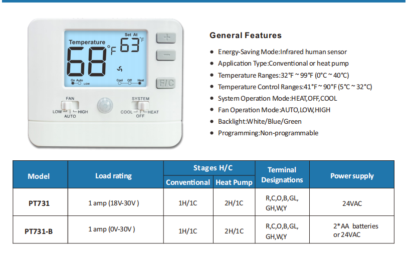 Sensor de infrarrojos humano Sensor de cuerpo humano Termostato de habitación electrónico para bomba de calor convencional o