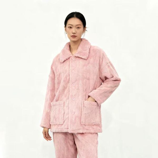 Light Pink & Dusty Rose Warm Plush Button-Front Pajama Set - Two-Piece Loungewear with Pockets
