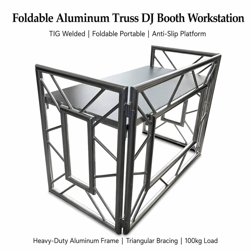 Foldable Aluminum Truss DJ Booth Workstation with Anti-Slip Platform 100kg Load Capacity and No Tools Required Assembly