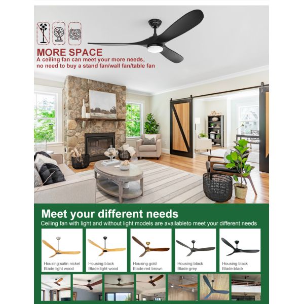 Ventilador de teto LED com luz 1stshine Interior Preto Madeira Sólida DC Motor silencioso Remote