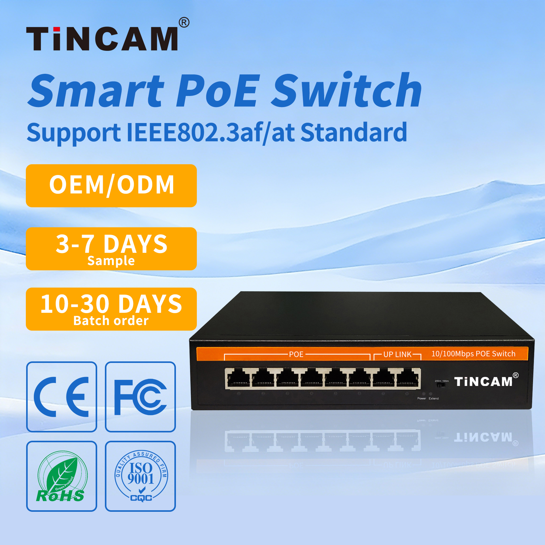 8 Port Fast Ethernet PoE Switch 6 PoE Ports 2 Uplink Ports 10/100Mbps Unmanaged IEEE 802.3af/at 250m Extend Metal Case 65W TBC-PS4308N
