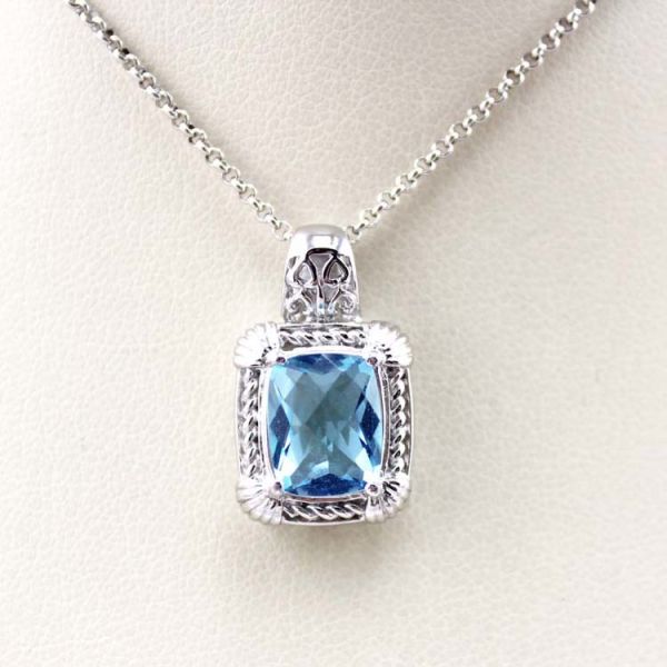 White Gold Plated 925 Silver Blue Topaz Cubic Zirconia Square Pendant Necklace (P04)