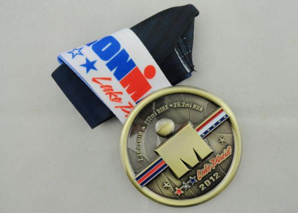 IRON KIDS medal, die casting with soft enamel, antique brass plating, Full color printing ribbon.