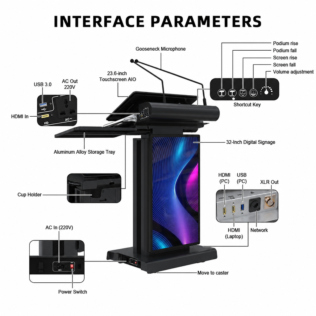 Black Smart Digital Podium 23.6 Inch Touch Screen Lectern 32 Inch Signage Electric Lift for Church School Conference