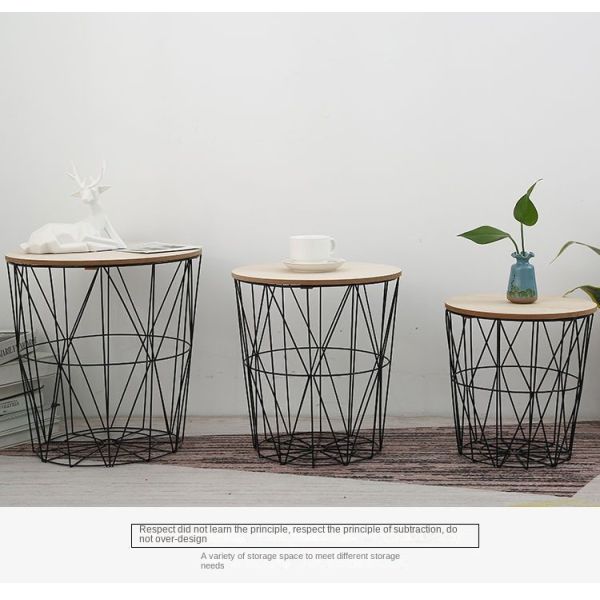 Modern Nightstand End Table Round Side Table Metal Mesh Base Wood Top Small Accent Coffee Table for Living Room Bedroom Office
