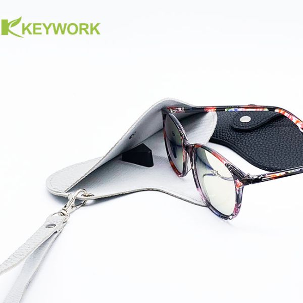 Minimalist Female Calf Skin Soft Sunglasses Case Snap Fastening Closure Detachable Lanyard