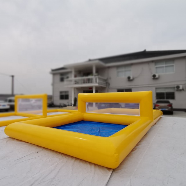 Yellow Inflatable Water Game Court with Blue Pool Floor and Mesh End Panel