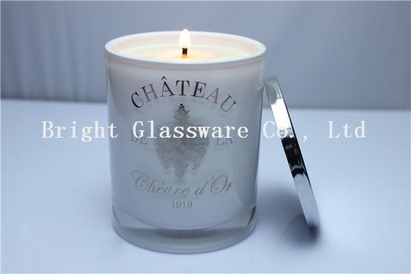 Glass Candle Holder With Painting Logo , Candle Jar With Lid Cover