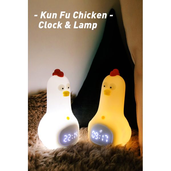 Relógio de alarme de frango Kung Fu para crianças com luz noturna e recursos inteligentes