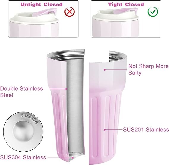 16 Oz Travel Coffee Mug Spill-Proof Insulated Stainless Steel Coffee Mug With Lid & Silicone Sea, Double Wall Vacuum Travel Coffee Tumblers, Cup Holder Friendly Reusable Thermos-Lilac
