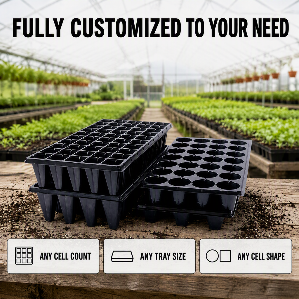 Custom ABS PS PP Seedling Tray Plug Tray Any Cell Count Shape Drainage Hole Stackable for Greenhouse Nursery OEM ODM