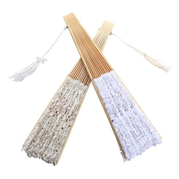 Y-Z Vintage Wedding Lace Bamboo Folding Fan Hollow Cotton and Linen Dance Bride Tassel Big Hand Fans