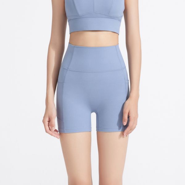 High Waisted Dusty Blue Biker Shorts with Side Pockets – Buttery Soft Yoga & Workout Shorts for Women