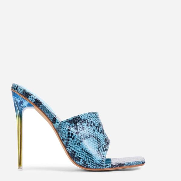 Faux Snakelike Print Platform Stiletto Sandals Open Square Toe Mules