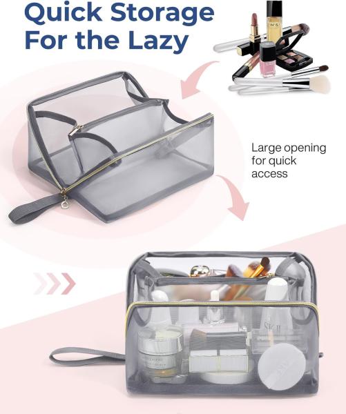 Portable Large Black Mesh Cosmetic Bag Open Flat Organizer Travel Bag For Men Women