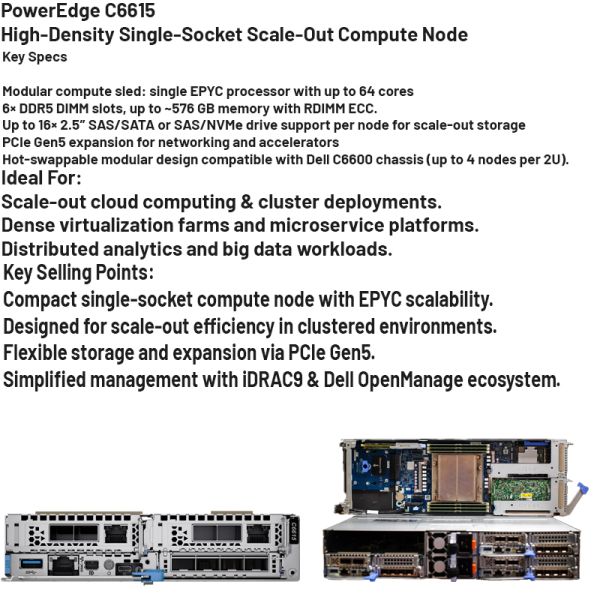 High Performance AMD EPYC Processor Hot-swappable DDR5 Memory PowerEdge C6615 Rack Server Node