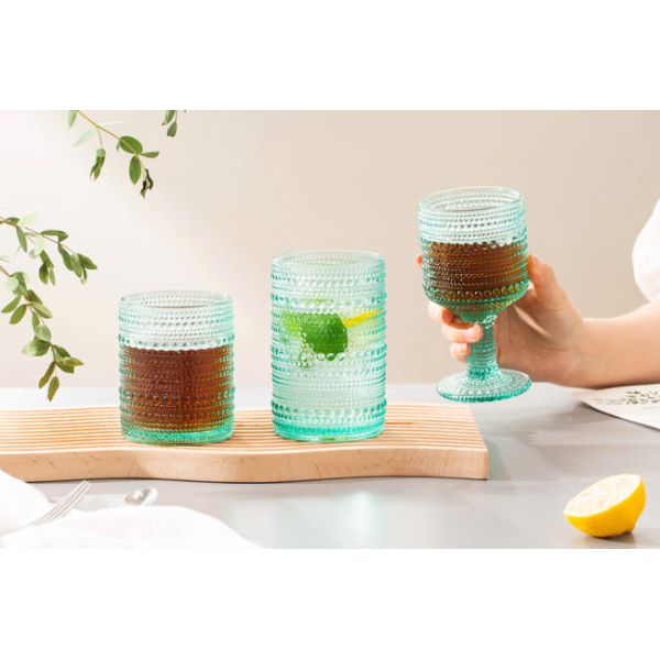 Hobnail Highball Beaded Drinking Glasses 15 Oz Green 430ml Vintage Old Fashioned