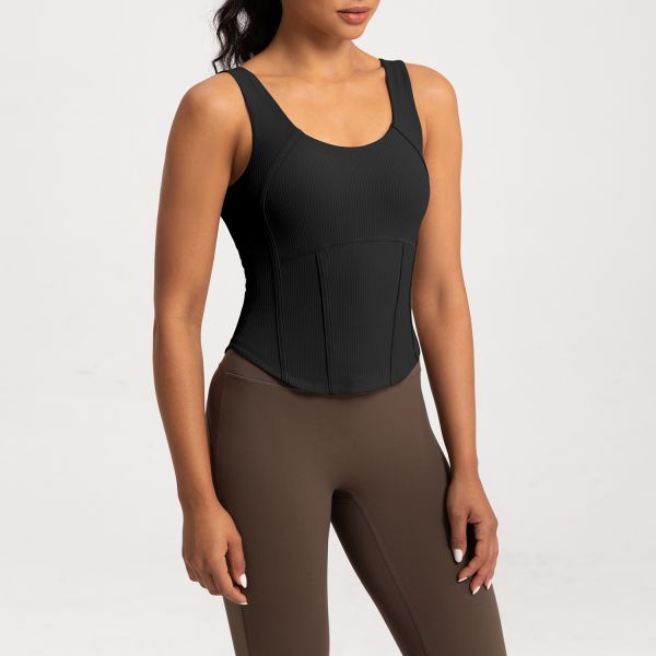 Women's Ribbed Knit Corset Style Workout Tank Top Beige Slim Fit Moisture Wicking