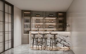 Wood Grain Stainless Steel Wine Cabinet With High-Low Quartz Design Island