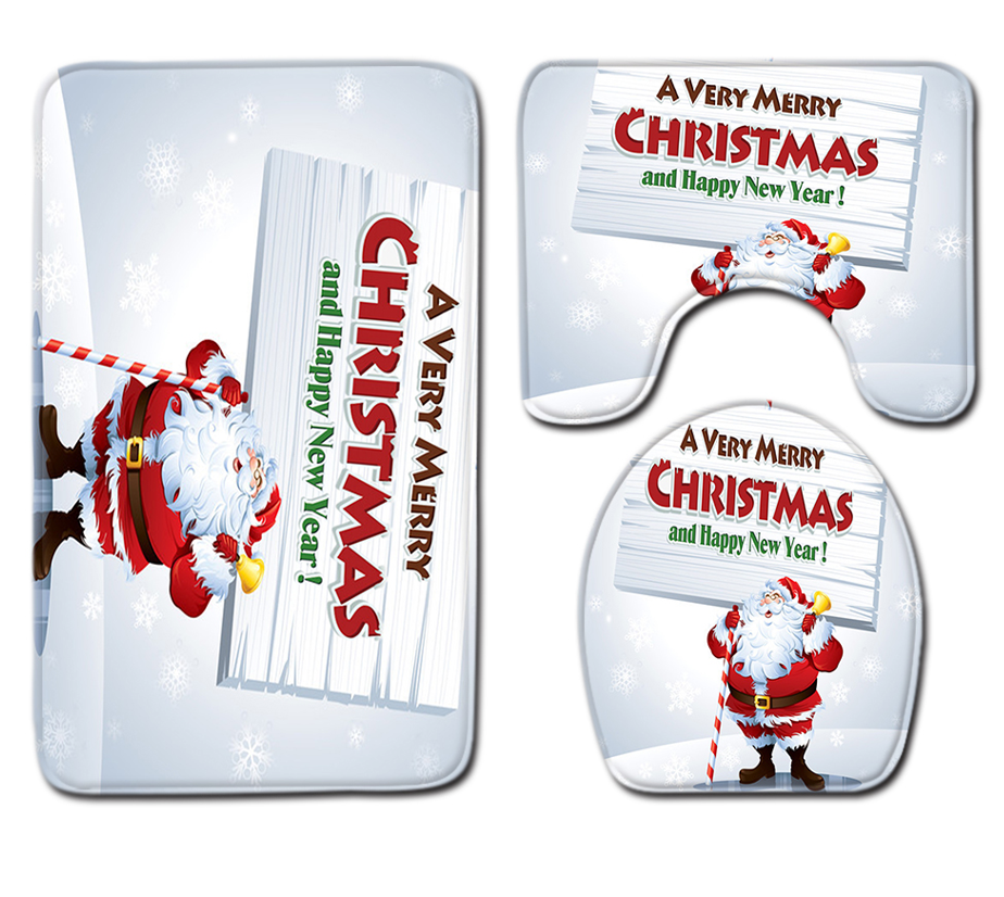 Santa Christmas Toilet Seat Cushion Polyester 3 Piece Bath Rug Set