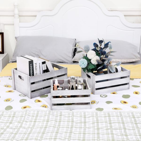 Rustic White Wooden Display Crate Set of 3 Decorative Pine Storage Crates NO Foldable