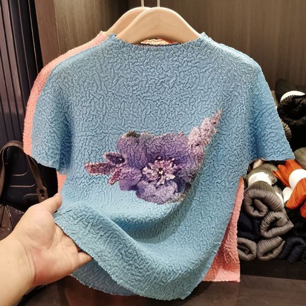 High-End Design Elegant Ruched Sweet Top Loose Half Turtleneck Short Sleeve T-shirt Solid Color Knitted for Spring Summer