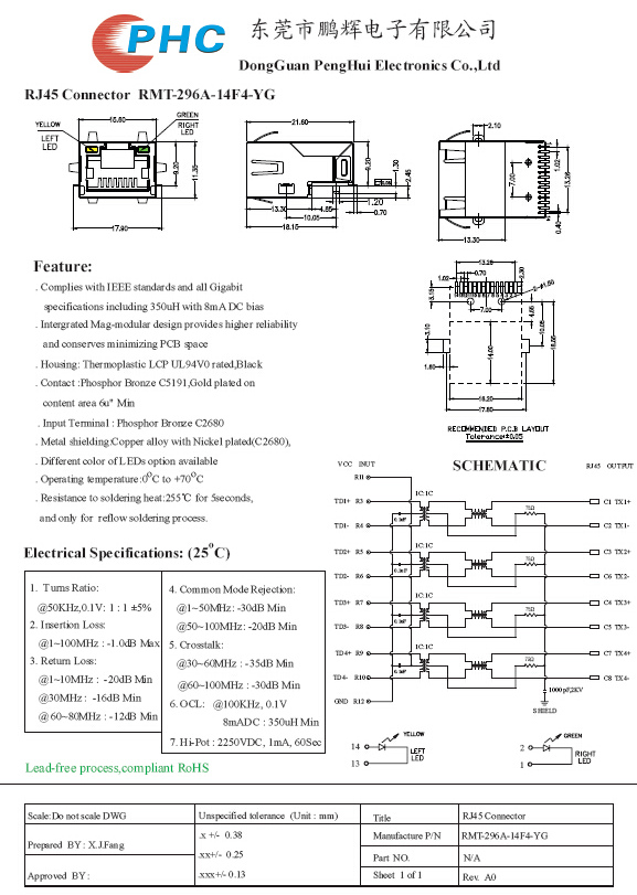 порт SMD RJ45 21.6MM одиночный, разъем гигабита RJ45 с трансформатором 10/100/1000 и СИД