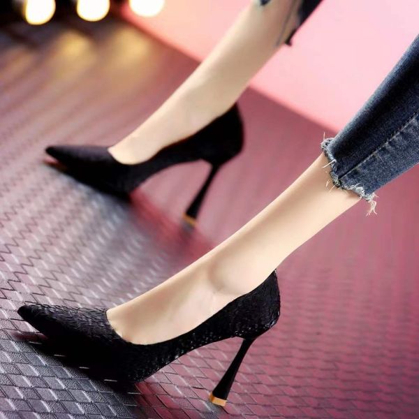 Microfiber Pointed Head Ladies Summer Pumps 8cm Thin Heel Rubber Casual